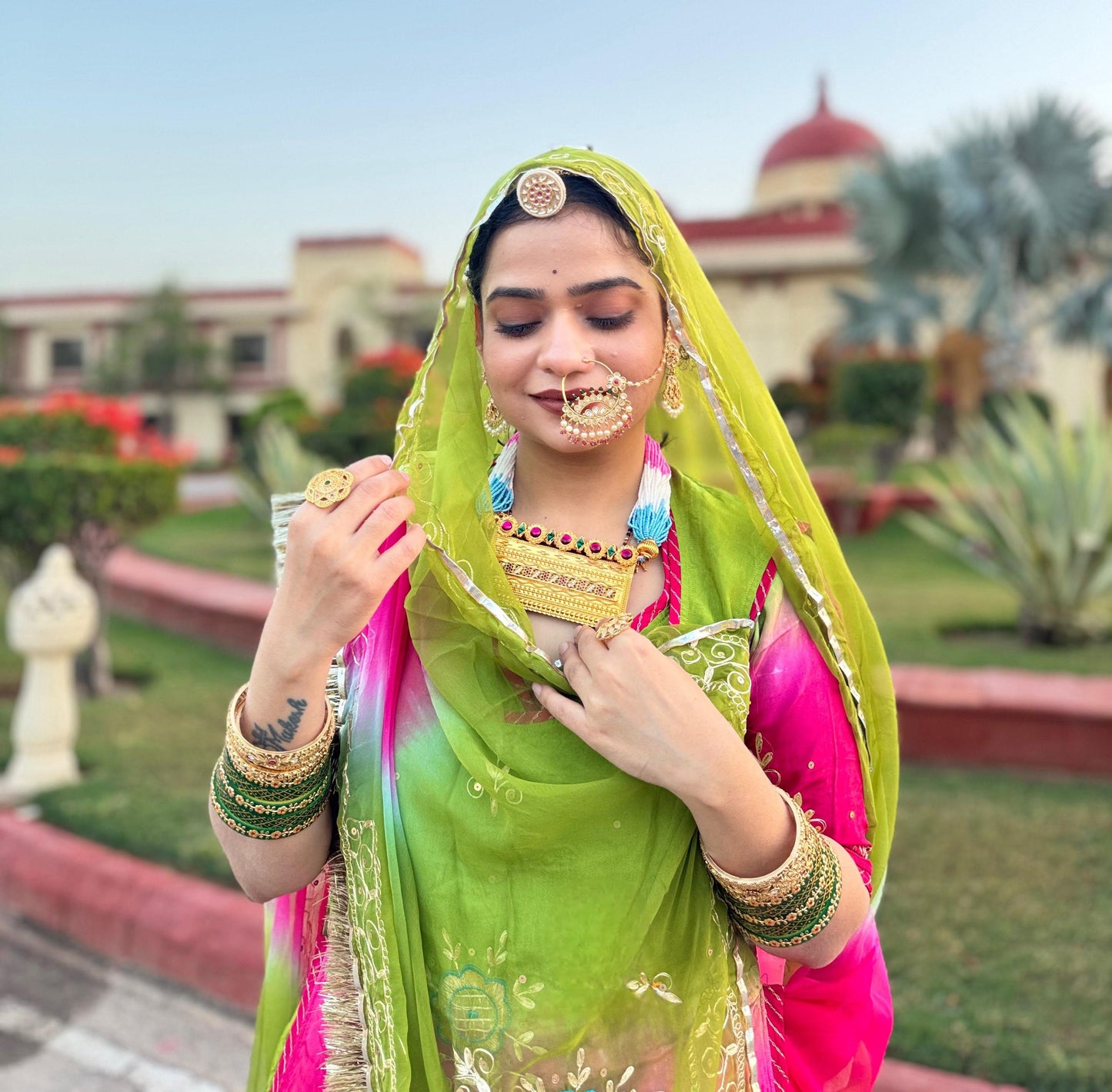 Traditional Rajputi Poshak with detailed Aari and Resham embroidery