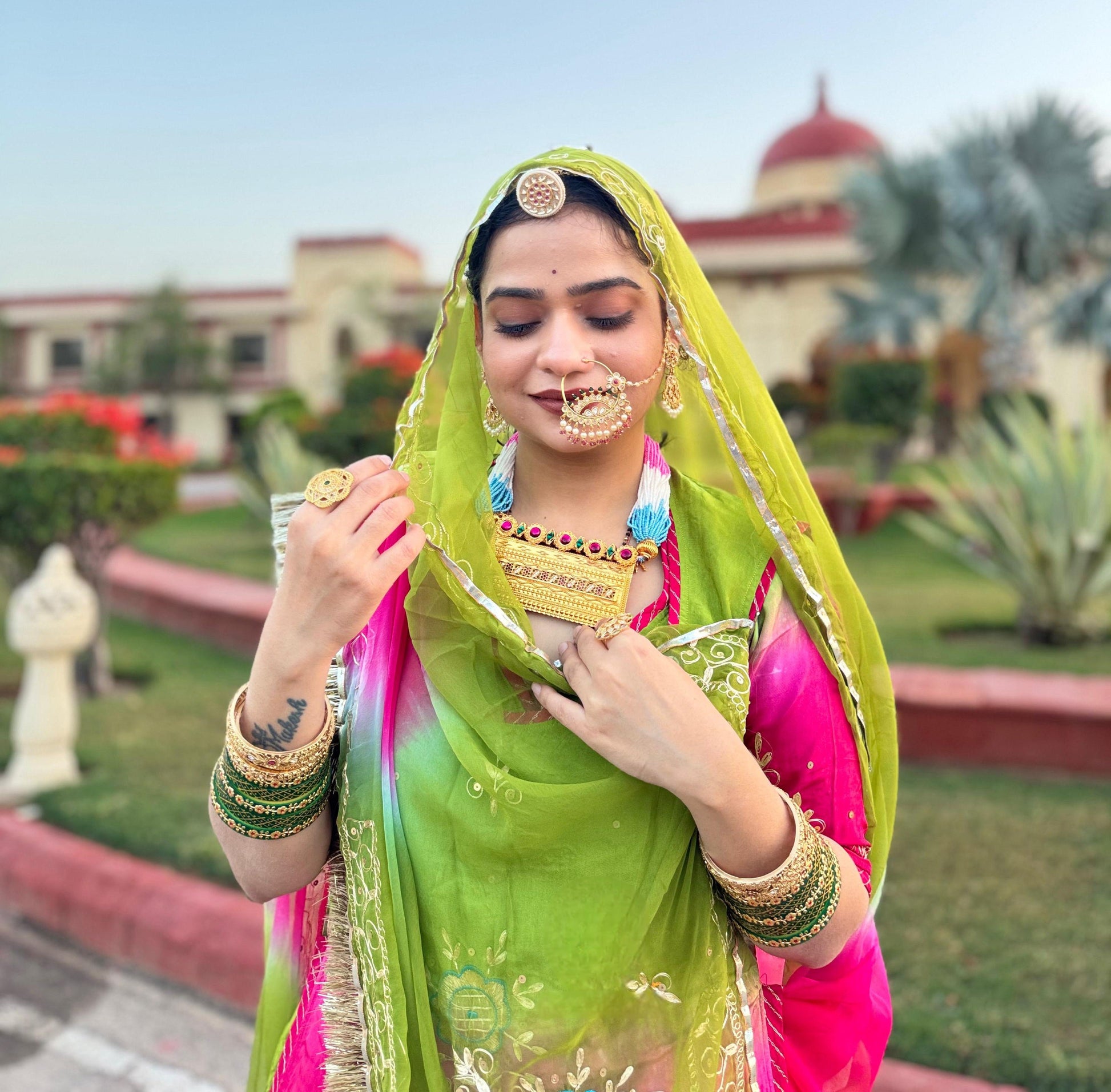 Traditional Rajputi Poshak with detailed Aari and Resham embroidery