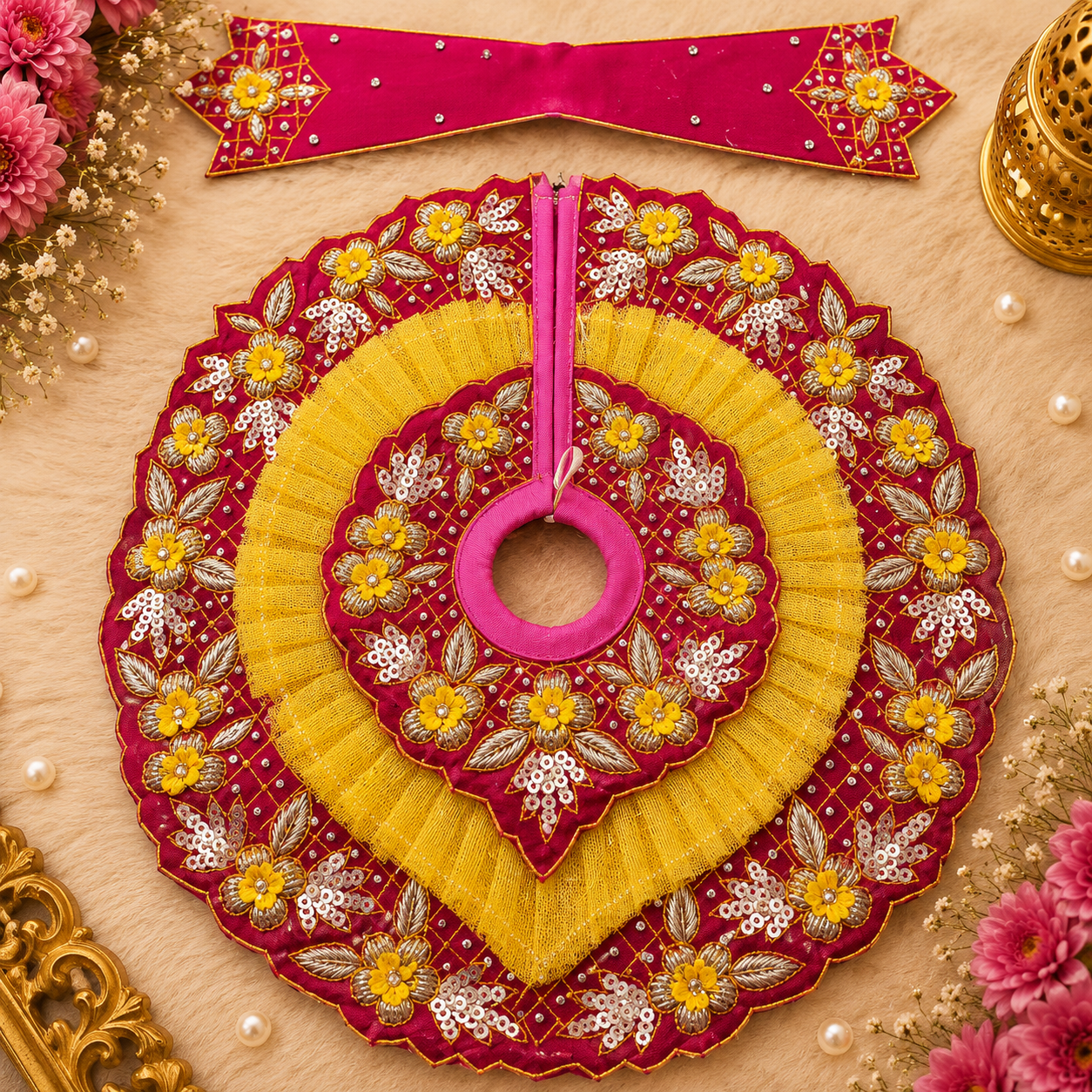 Rajsi Kesariya Pushp Heavy Embroidery Sequence Work Laddu Gopal Poshak in Maroon and Mustard Yellow