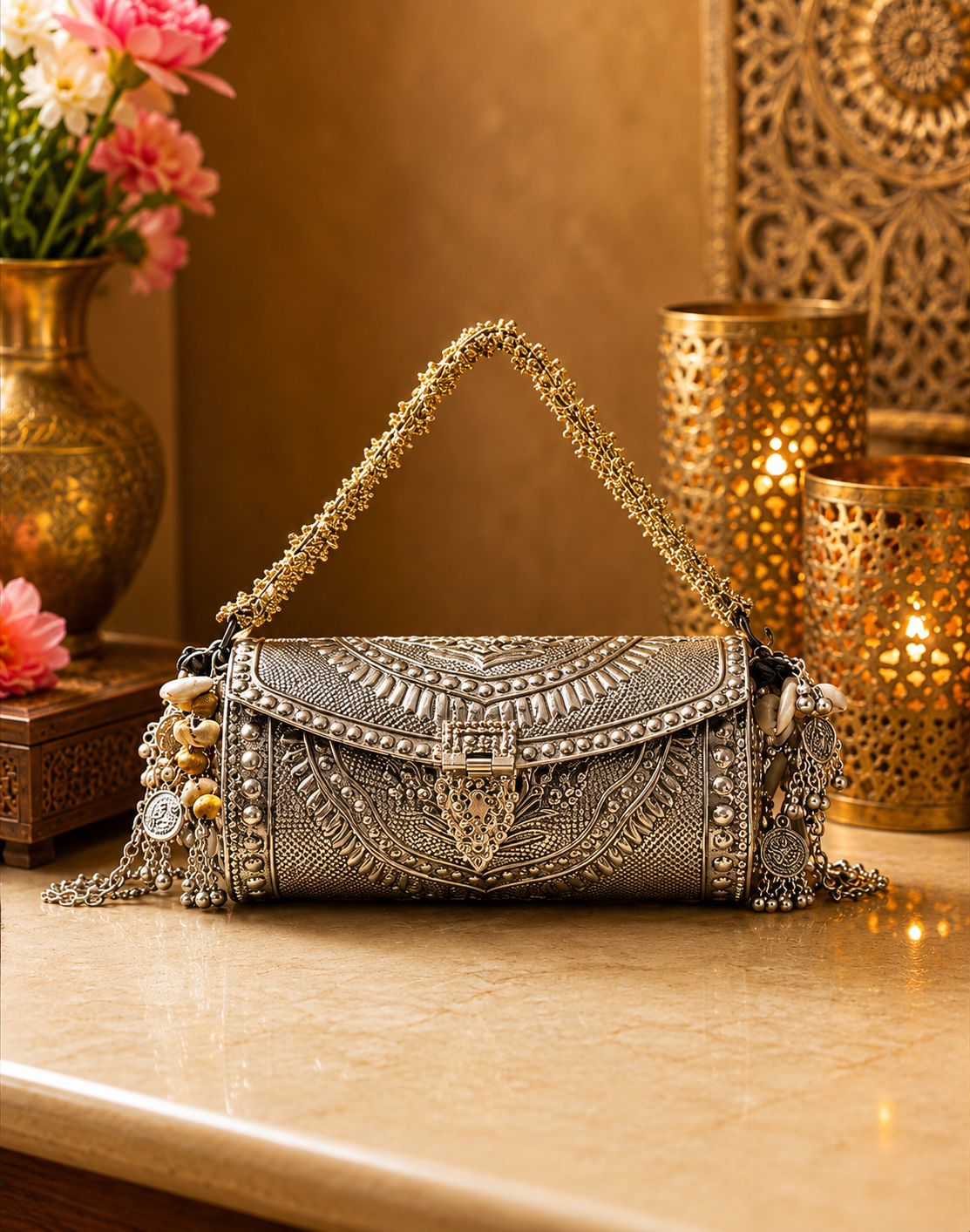 Rajwadi antique brass metal clutch bag with intricate royal ethnic design