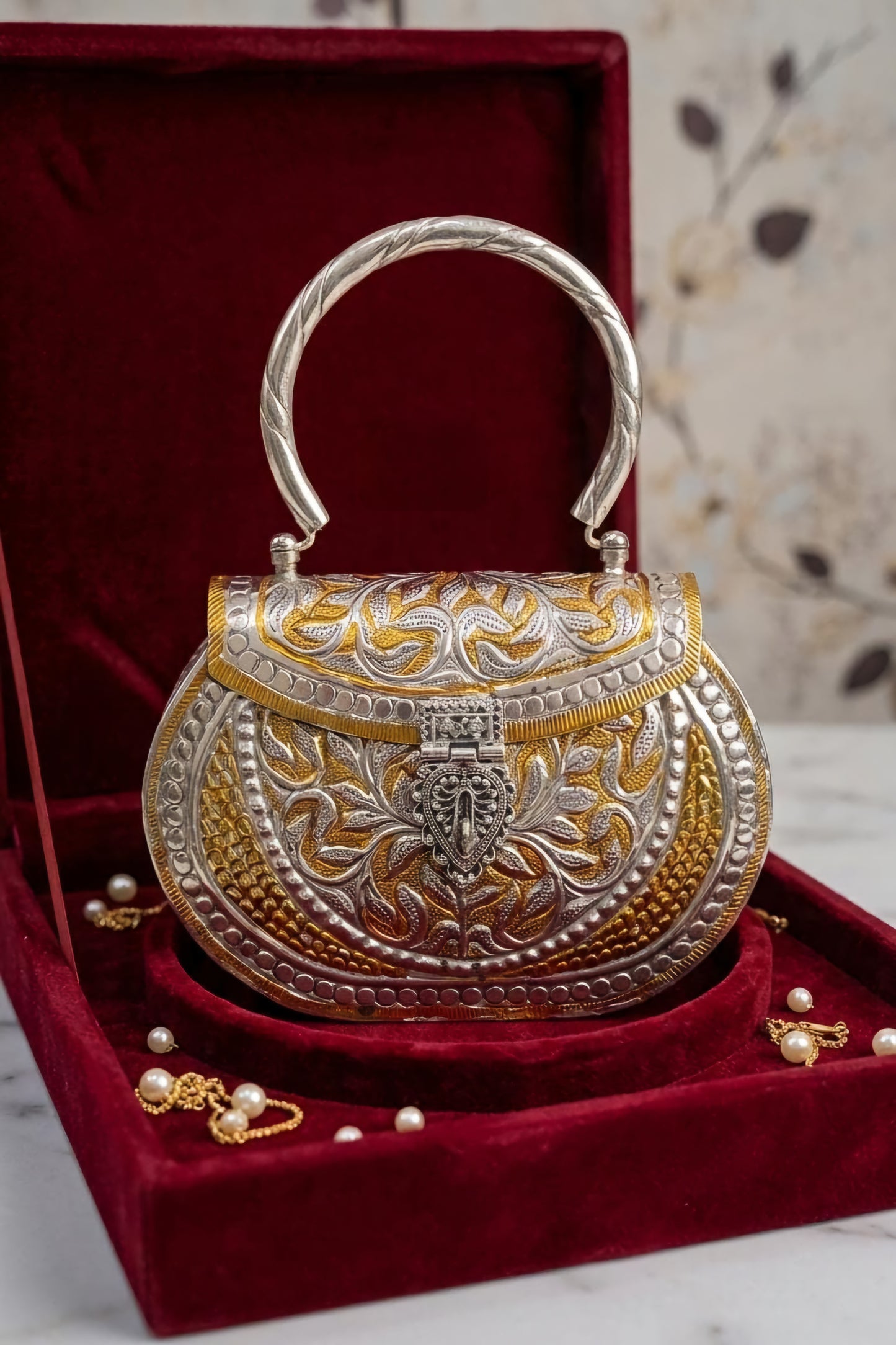 Rajwadi antique finish brass metal clutch with traditional detailing