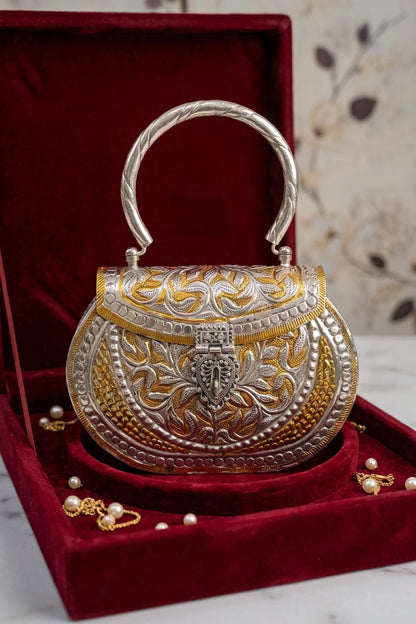 Rajwadi antique finish brass metal clutch with traditional detailing