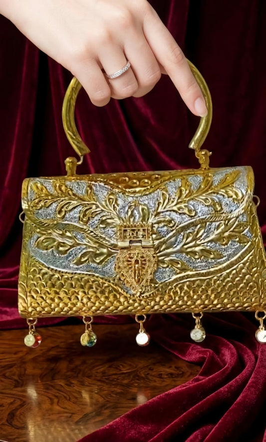 Rajwadi antique finish Meenakari brass clutch purse