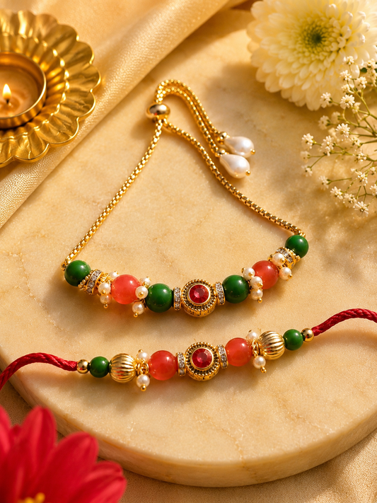 Rajwadi Coral Kundan Bhaiya Bhabhi Rakhi Set with Designer Bracelet Rakhi for Raksha Bandhan