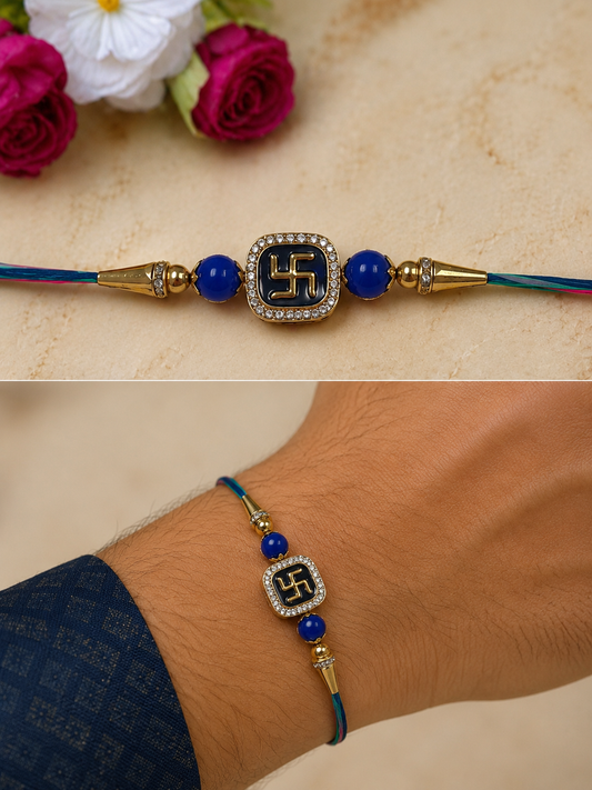 Raksha Kavach Diamond Stone Swastik Rakhi for Brother in Multicolour