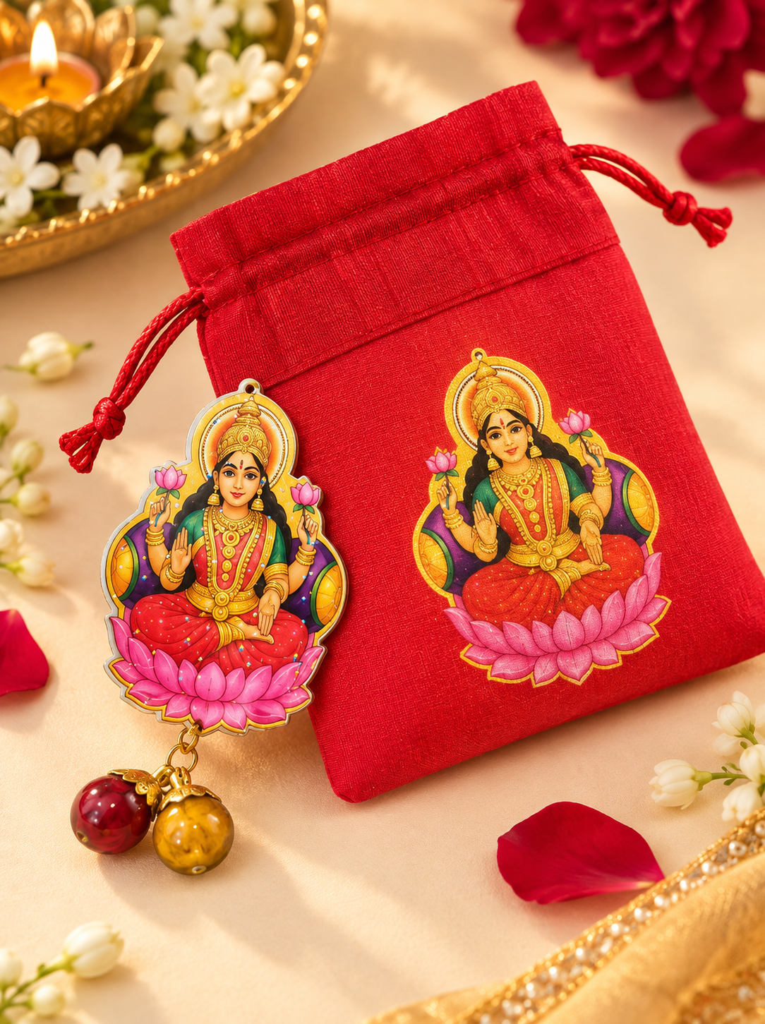 Red drawstring potli bag with traditional Lakshmi design and festive detailing
