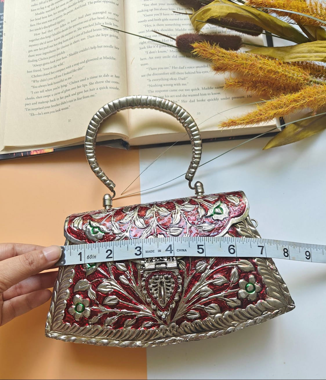Red Meena floral party clutch for weddings and festive occasions