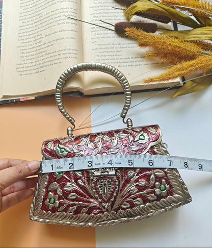 Red Meena floral party clutch for weddings and festive occasions