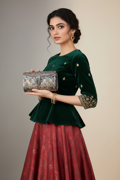 Red Meena and Kundan antique silver brass clutch with traditional detailing