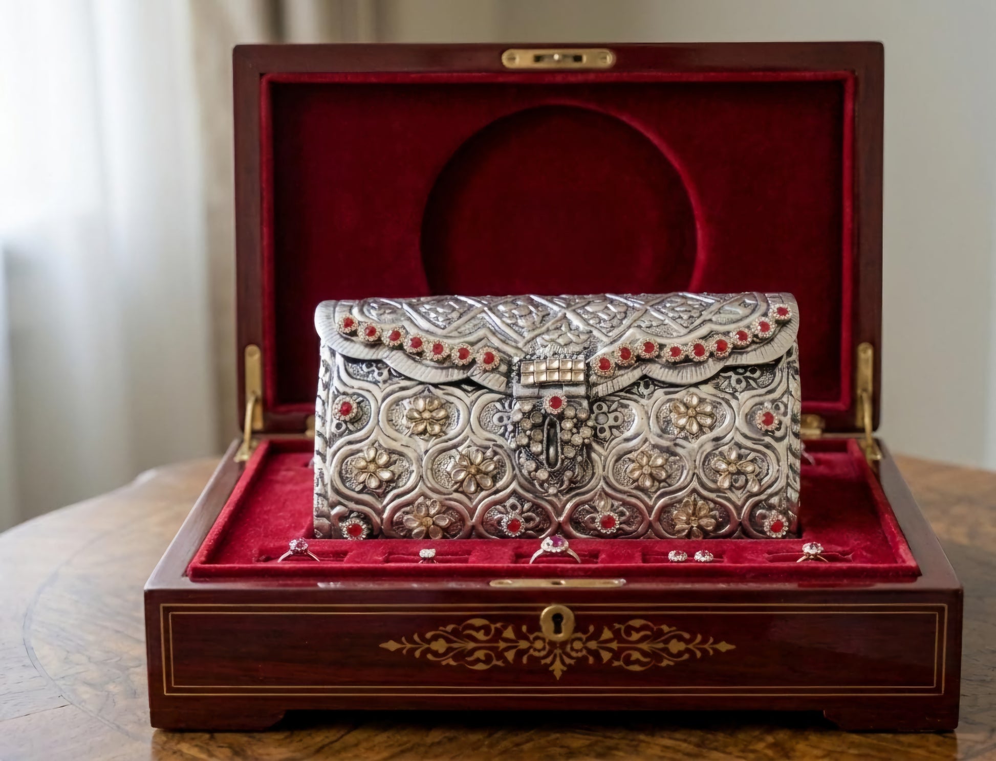 Red Meena and Kundan detailing on antique silver brass clutch