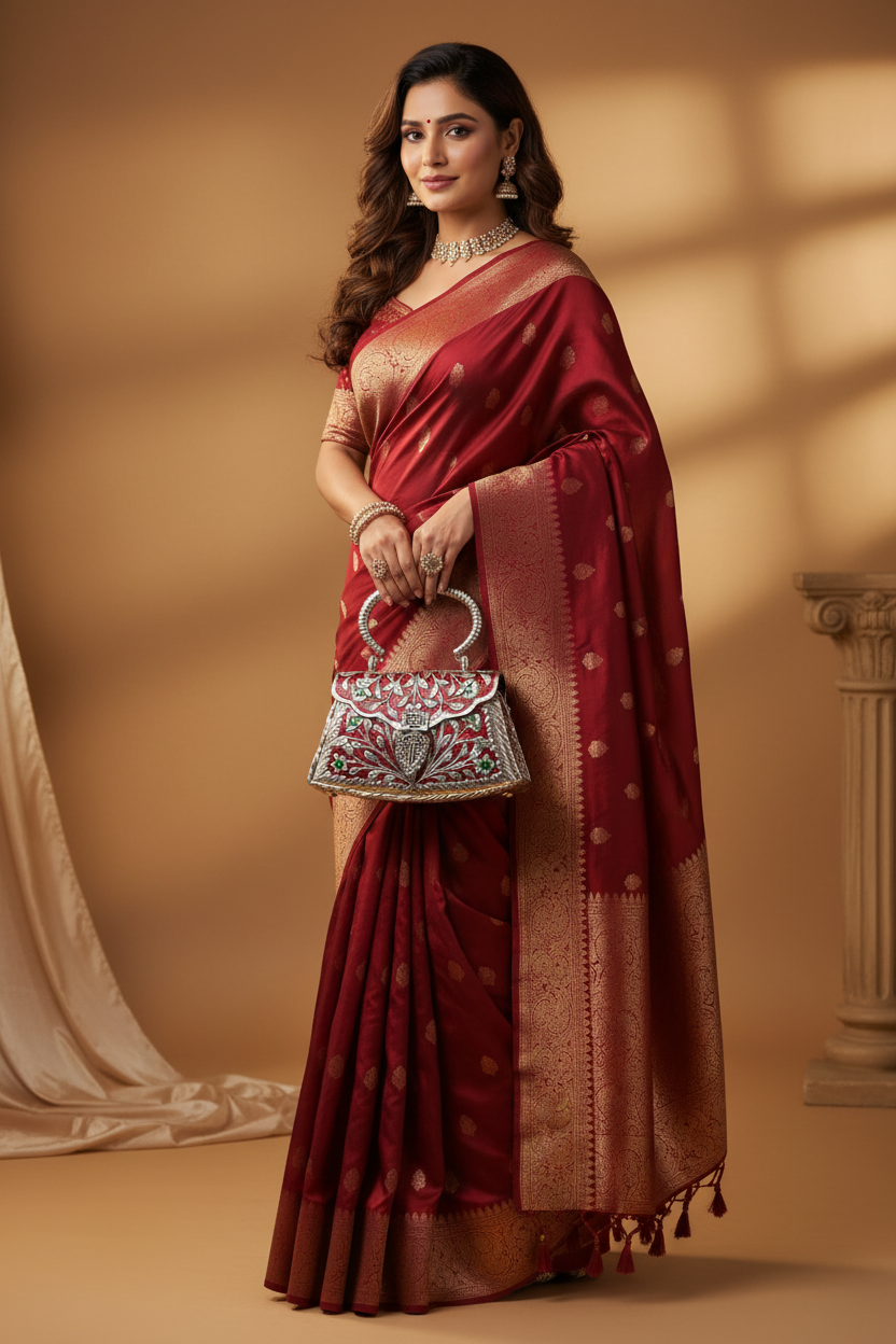 Red Meena work antique silver brass clutch for women
