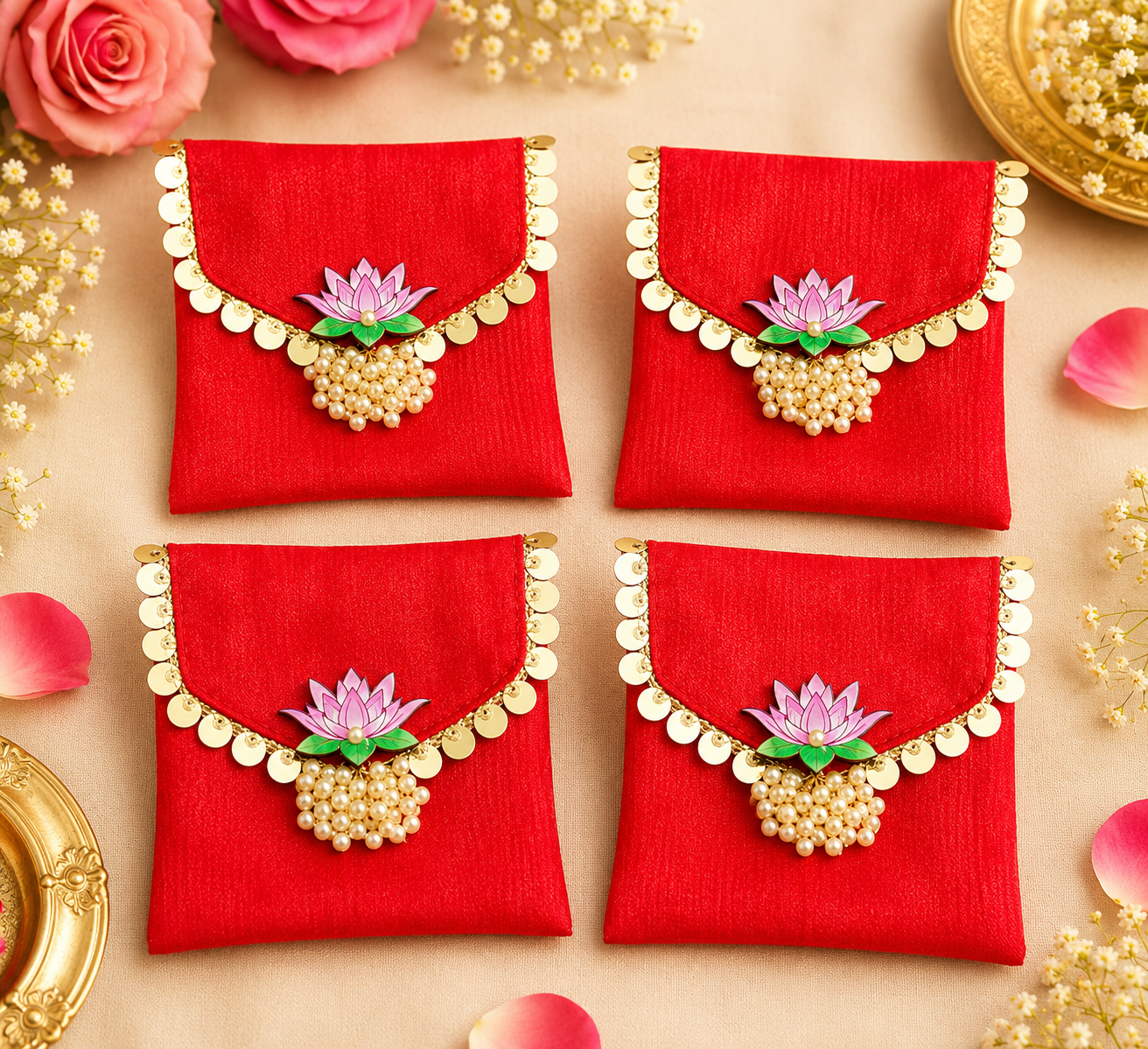 Red organza Shagun pouches for wedding gifting