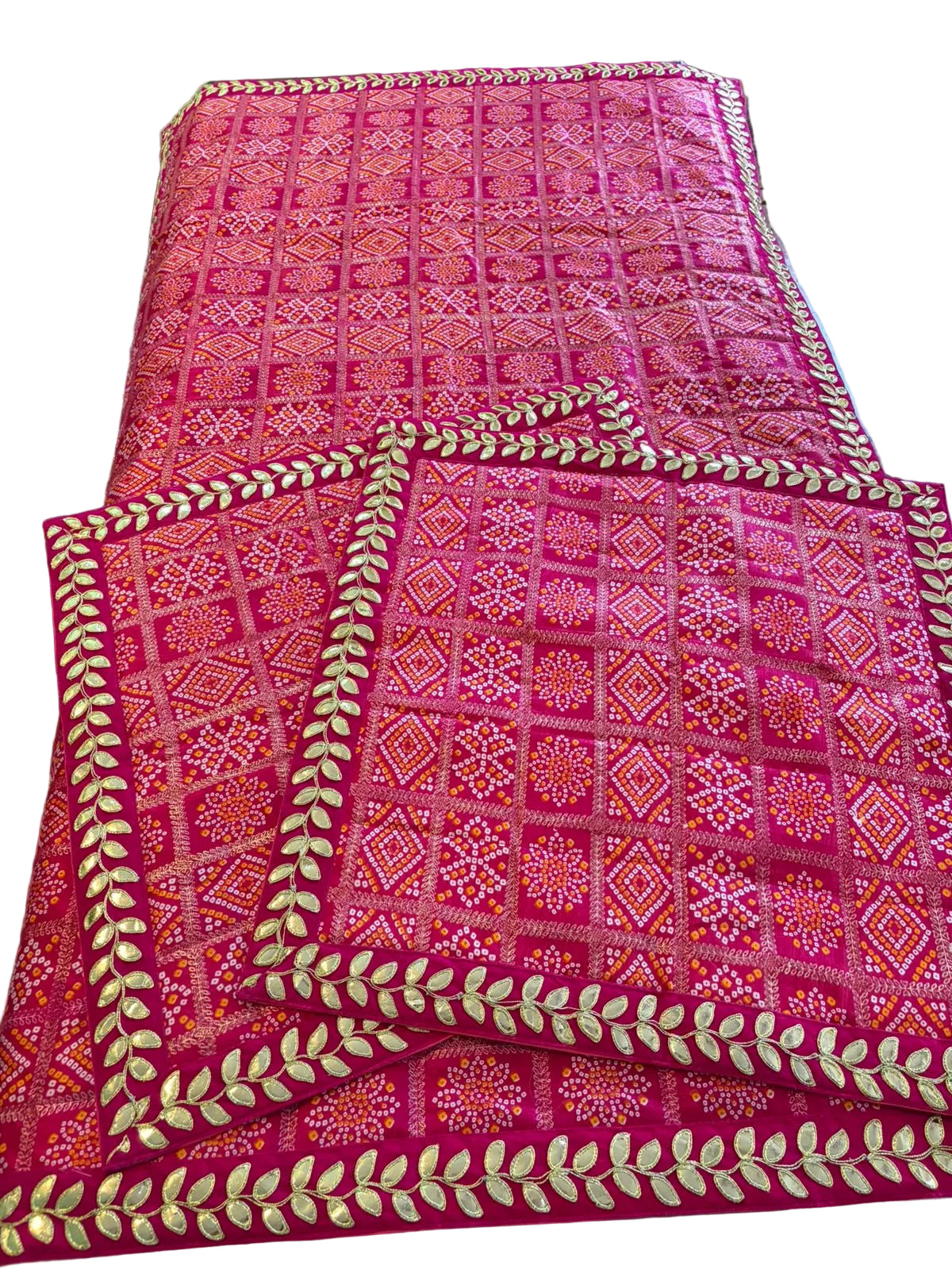 Three-piece red and rani pink Gharchola pooja aasan set for family worship