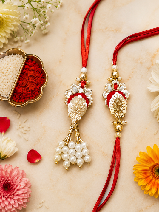 Sparkling Red Sequin Bhaiya Bhabhi Rakhi Set with Designer Lumba Rakhi