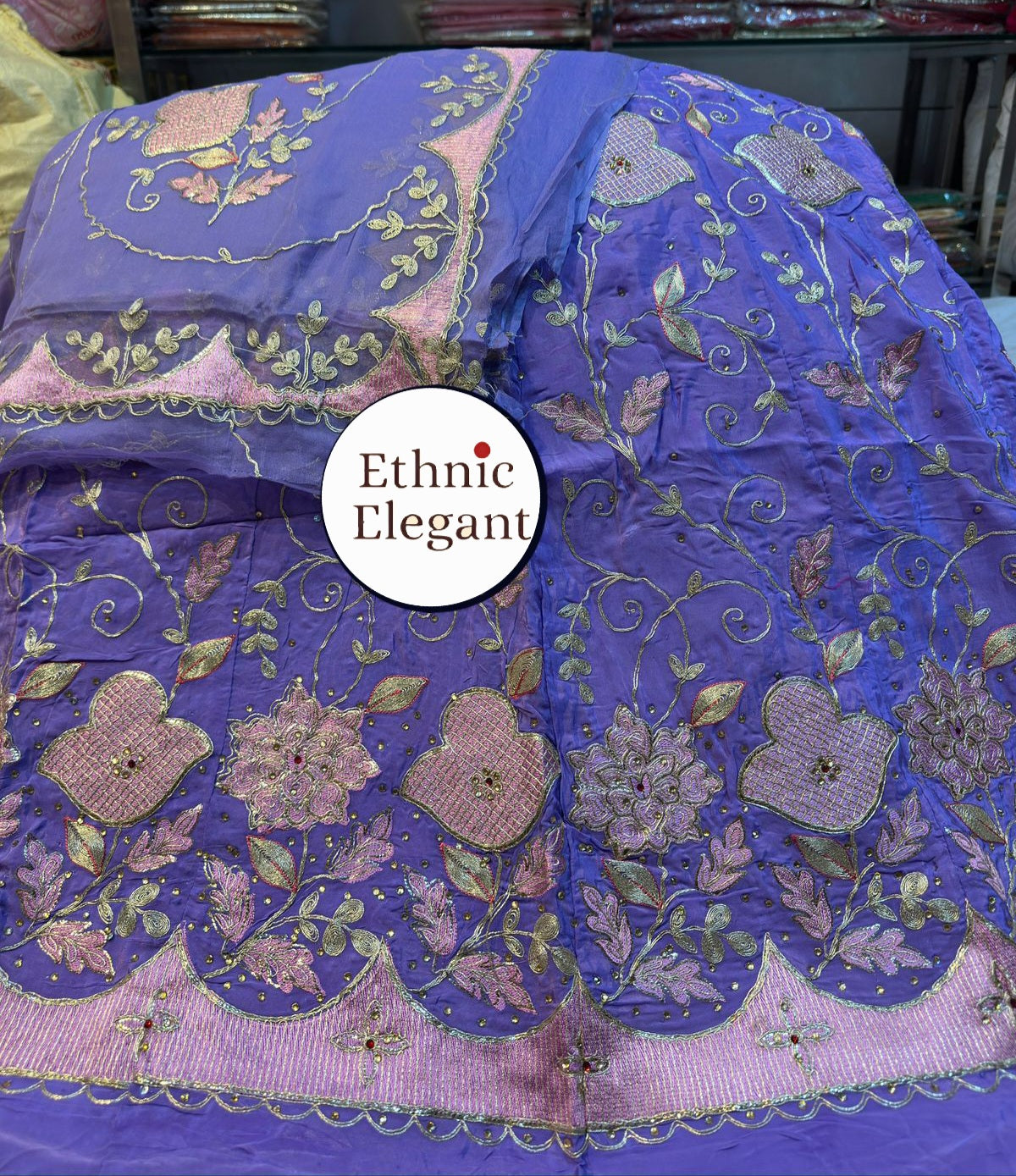 Natural Silk Rajputi Poshak with Pure Odhna | Heavy Patch Work Handcrafted Outfit
