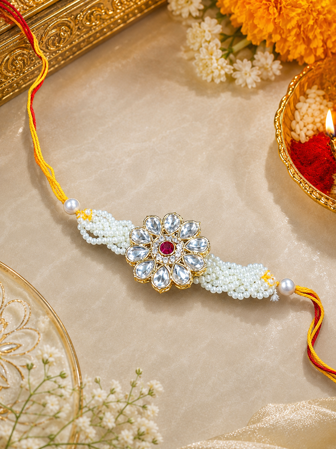 Royal Petal Kundan Luxury Floral Kundan Metal Rakhi with Premium Pearl Beads with Roli chawal