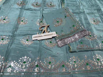 Upada Crepe Thakurji Rajputi Poshak – Pure Odhani with Aari & Silver Gota Patti Handwork (Unstitched)