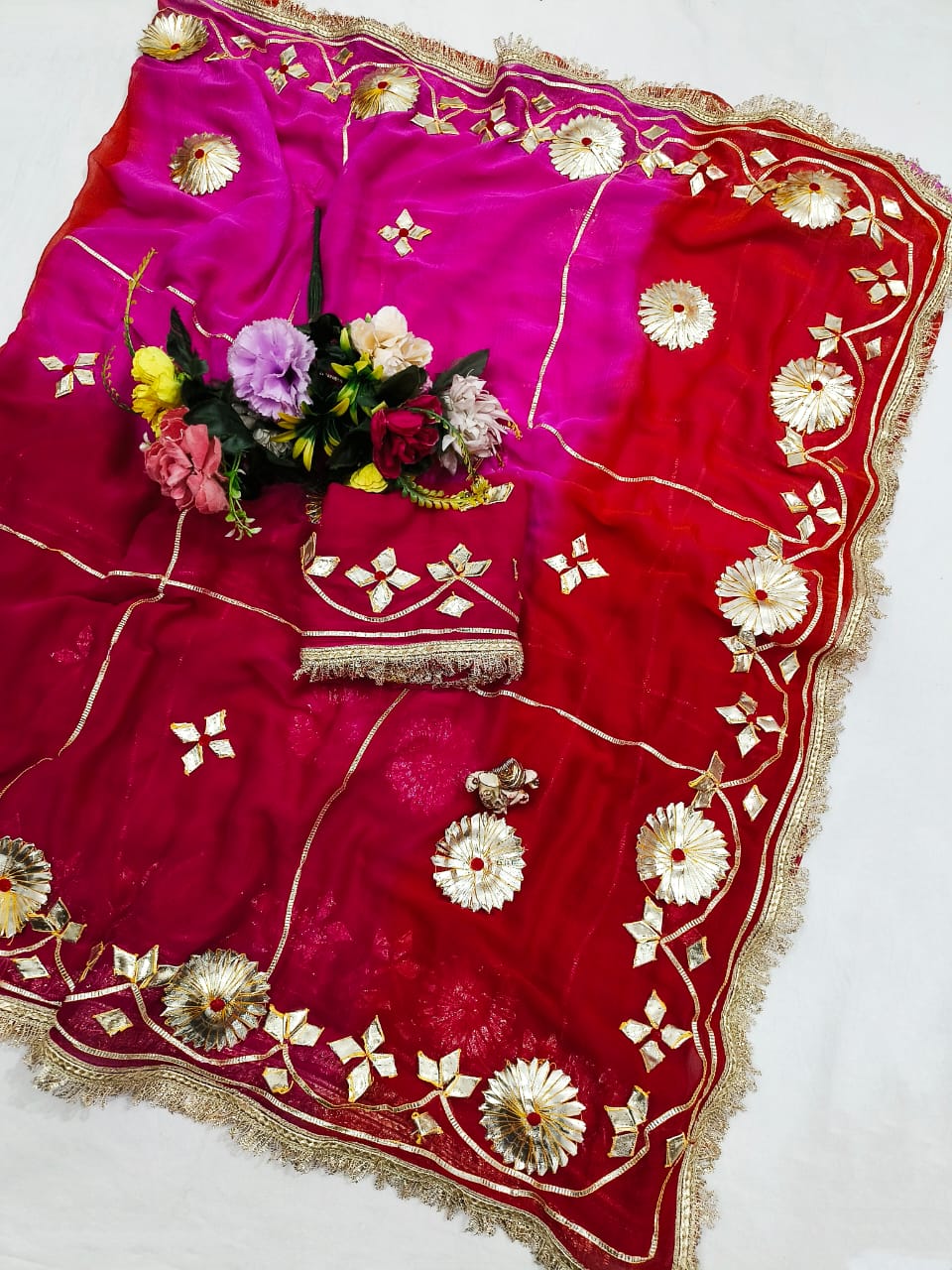 Pure Najmeen Chiffon Saree with Floral Gota Patti Work – Heavy Fancy Designer Saree