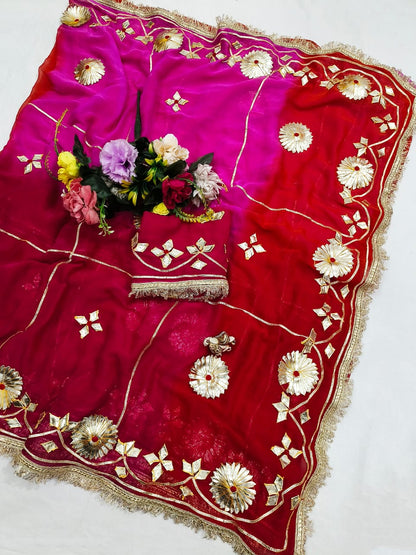 Pure Najmeen Chiffon Saree with Floral Gota Patti Work – Heavy Fancy Designer Saree