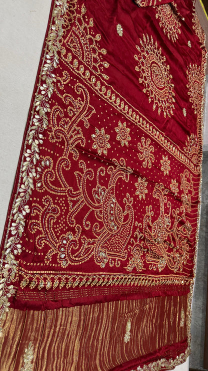 Pure Gajji Silk Lakadi Patta Bandhej Saree – Beautiful Handwork Traditional Saree