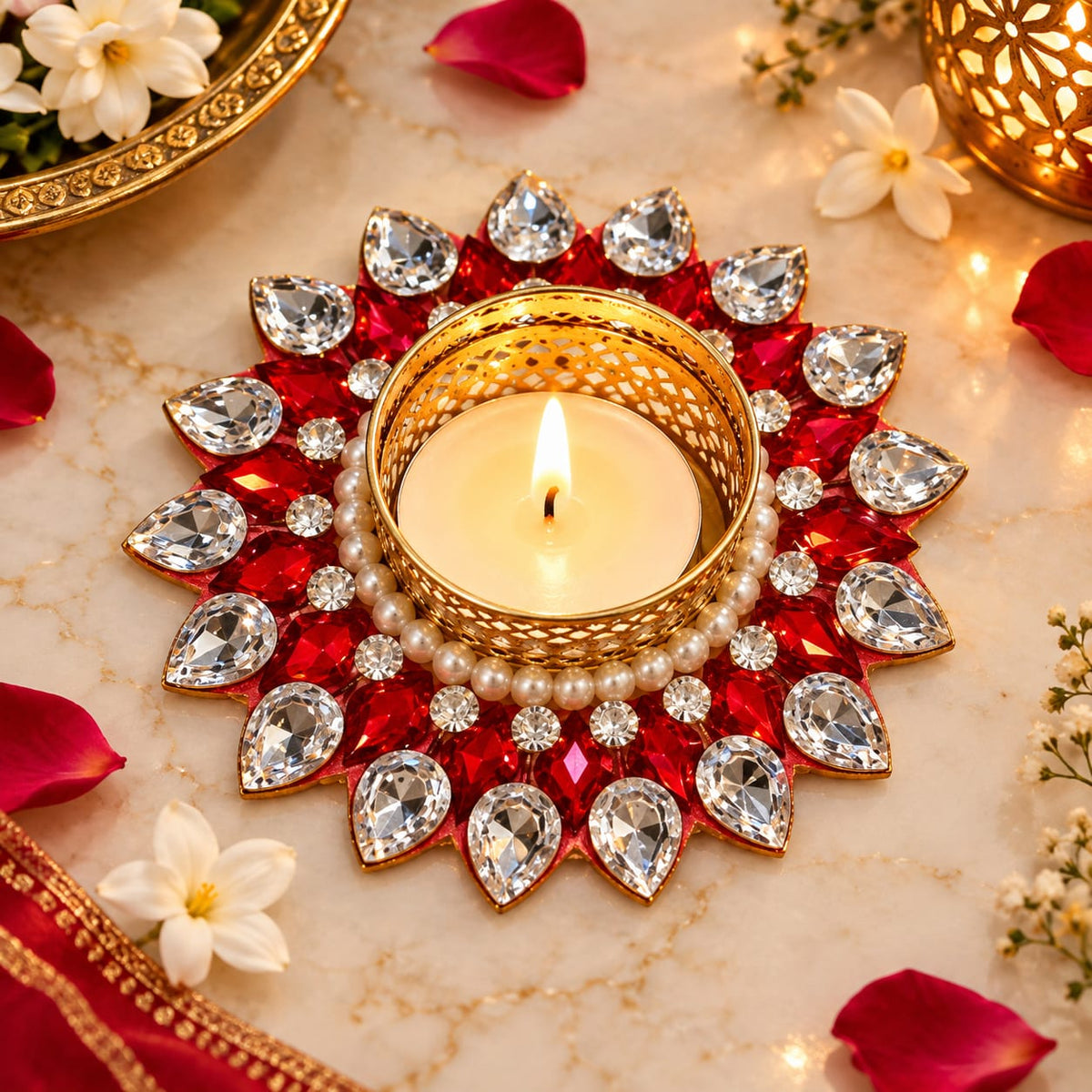 Decorative Crystal Diya Candle Holder for Diwali & Pooja | Pack of 1