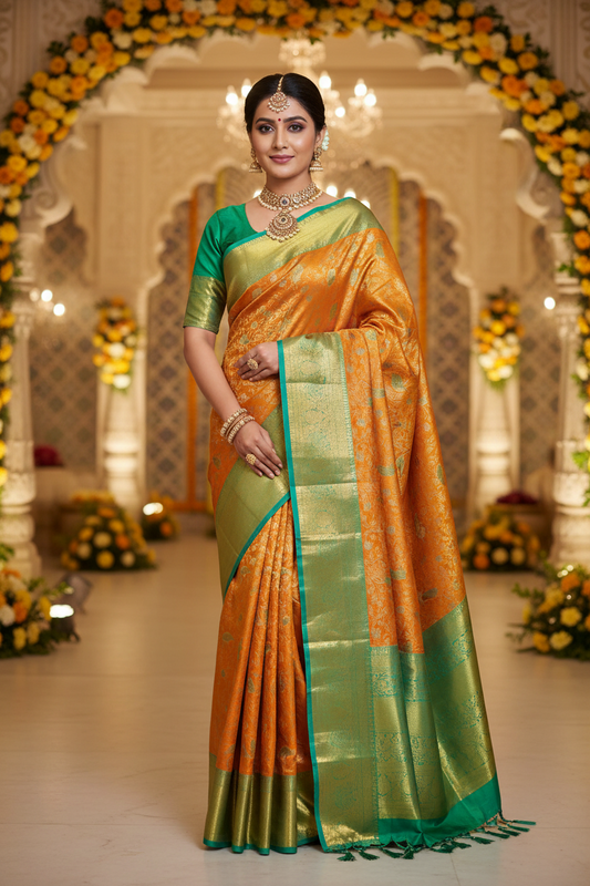 Kanchipuram Pure Silk Handloom Floral Bridal Saree Silk Mark Certified | Pure Pattu Wedding Saree