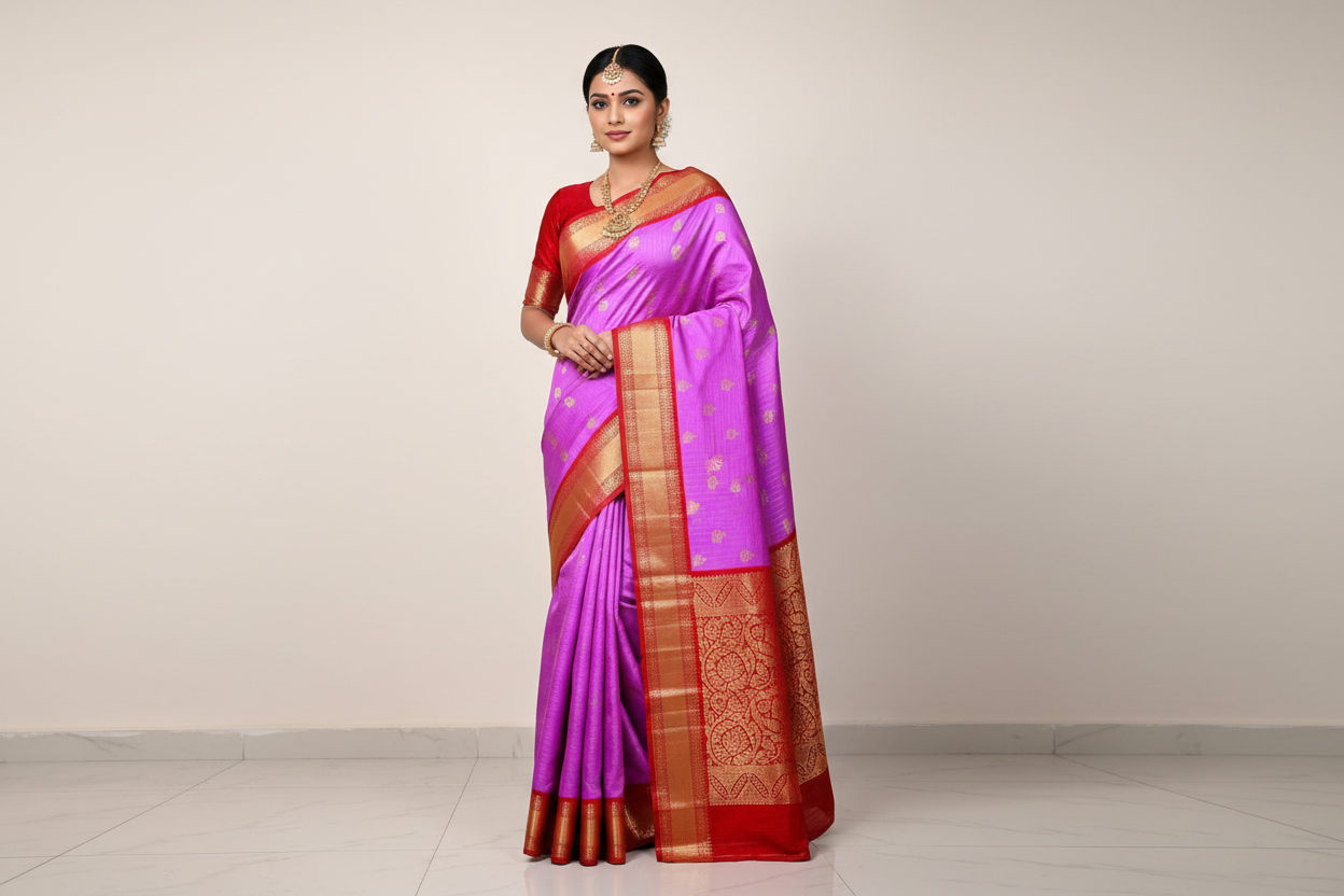 Pure Kanjivaram Silk Saree with Fancy Gap Border – Kanjipuram Silk Mark Certified