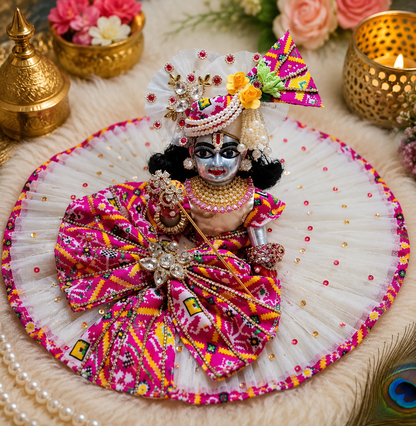 Handcrafted White & Pink Laddu Gopal Poshak with Mukut | Brooch Stone Designer Krishna Dress