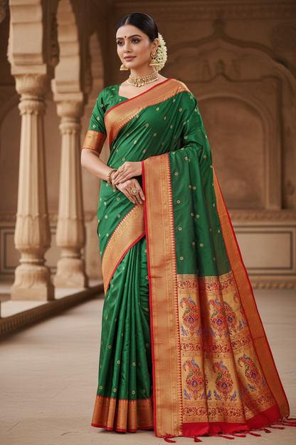 Traditional 9 Yard Kadiyal Paithani Saree – Pure Silk with Rich Pallu & Contrast Blouse