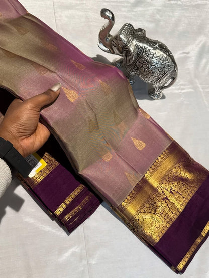 Beautiful Double Shaded Golden Zari Kanjivaram Pure Silk Saree – Silk Mark Certified