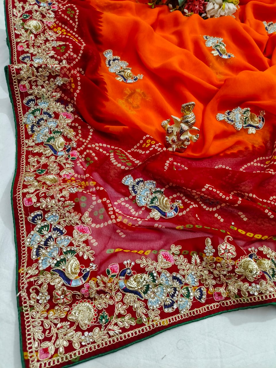 Traditional Handwork Chunri Pilla – Bandhani Georgette Saree with Heavy Embroidery Border