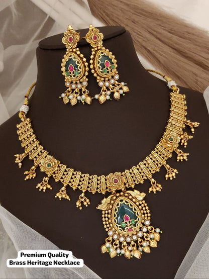 Premium Brass Traditional Necklace Set with Earrings – Bridal & Festive Jewelry