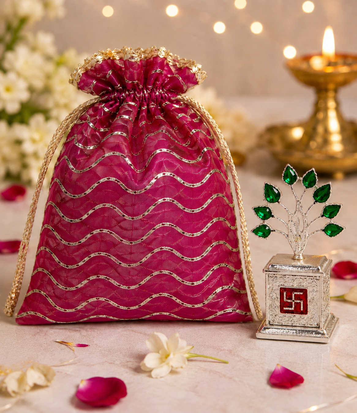 Tyohar Beautiful Silver platted Tulsi with Potli Bag – Festive Return Gift | Shubh Gift Hamper ( Pack of 10 Hamper)