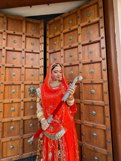Bridal Zardozi Kundan Rajputi Poshak – Pure Hamrahi Odhni with Hand Dabka & Aari Work