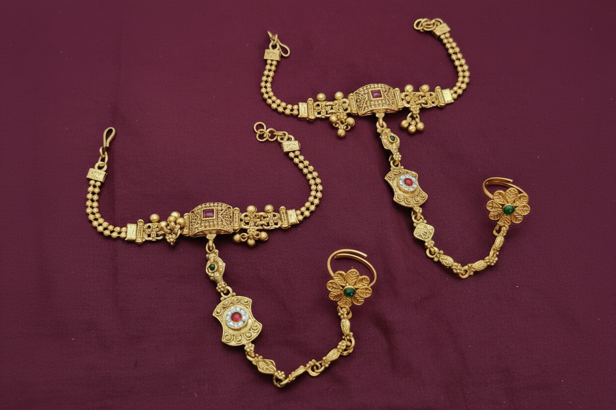 Royal Antique Gold Hathphool with Red Green Stones – Bridal Hand Bracelet