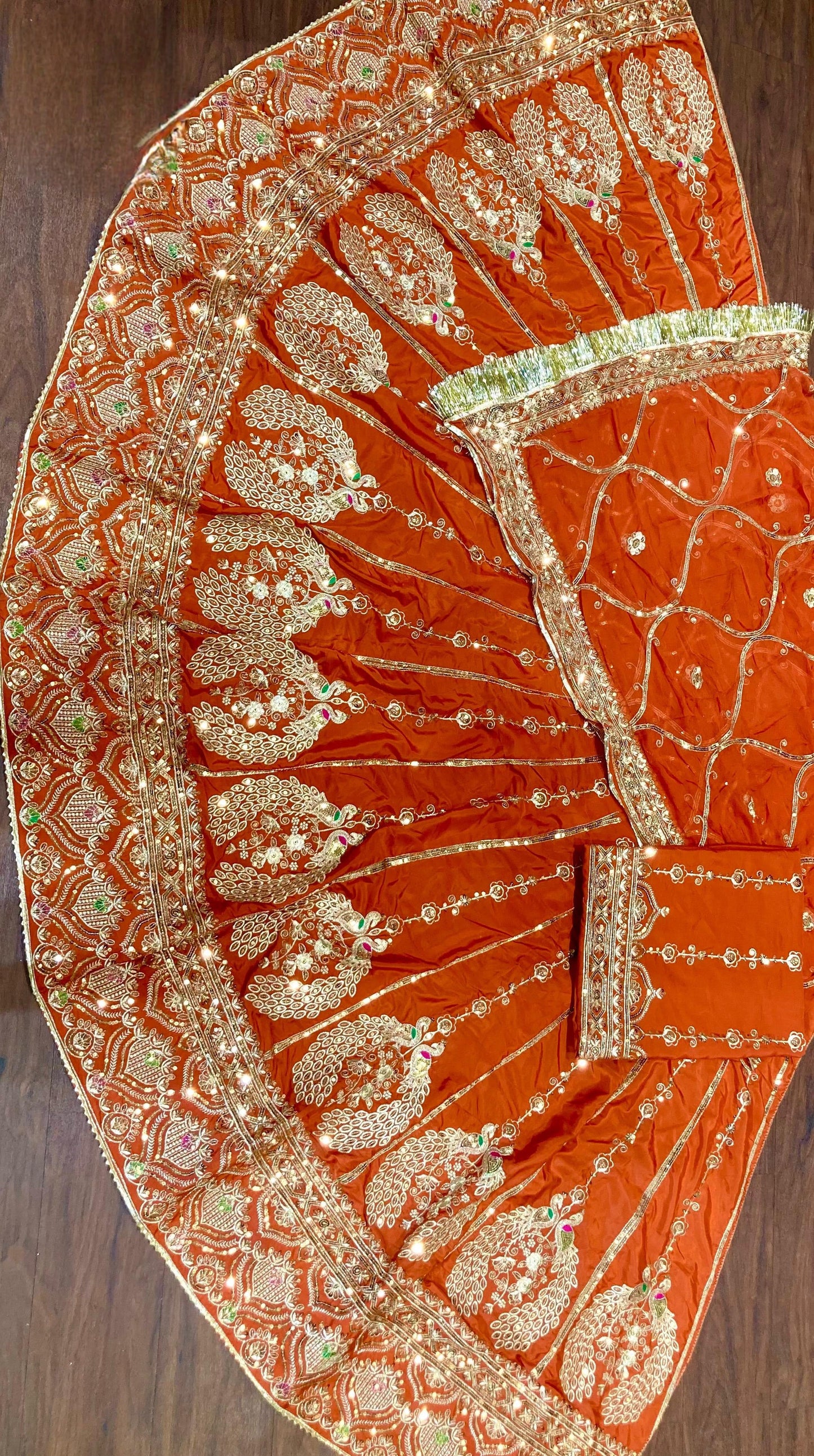 Designer 3.5 Mtr Gher Rajasthani Poshak in Crepe Silk | Heavy Zari, Kasab & Sequence Work | Unstitched Lehenga Kurti Odhani Set