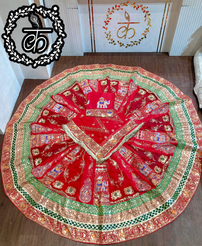Royal Rajwadi 7 MTR Gher Designer Lehenga Poshak – Premium Georgette with Heavy Odhani & Gotta Work