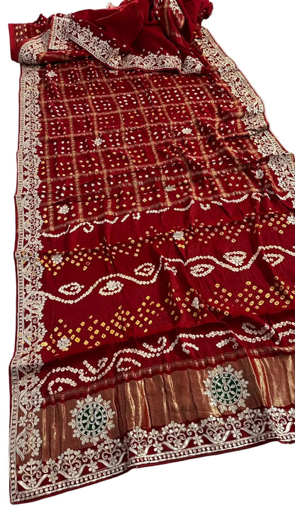 Pure Modal Gajji silk Gotta Patti Zari work Traditional Red & Maroon     Ghatchola saree