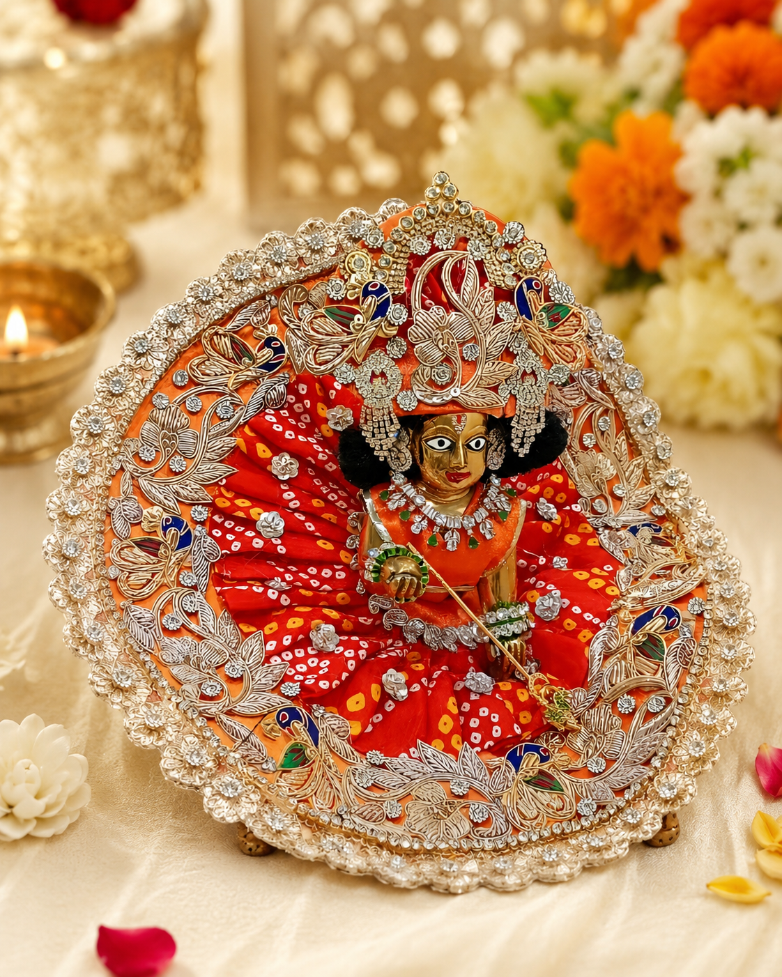 Handcrafted Orange Bandhej Laddu Gopal Poshak with Mukut | Peacock Designer Krishna Dress