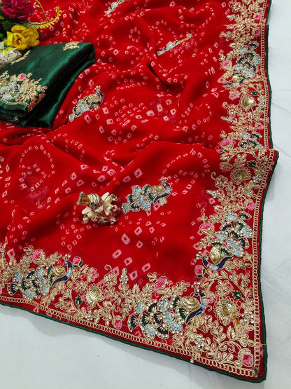 Traditional Handwork Chunri Pilla – Bandhani Georgette Saree with Heavy Embroidery Border