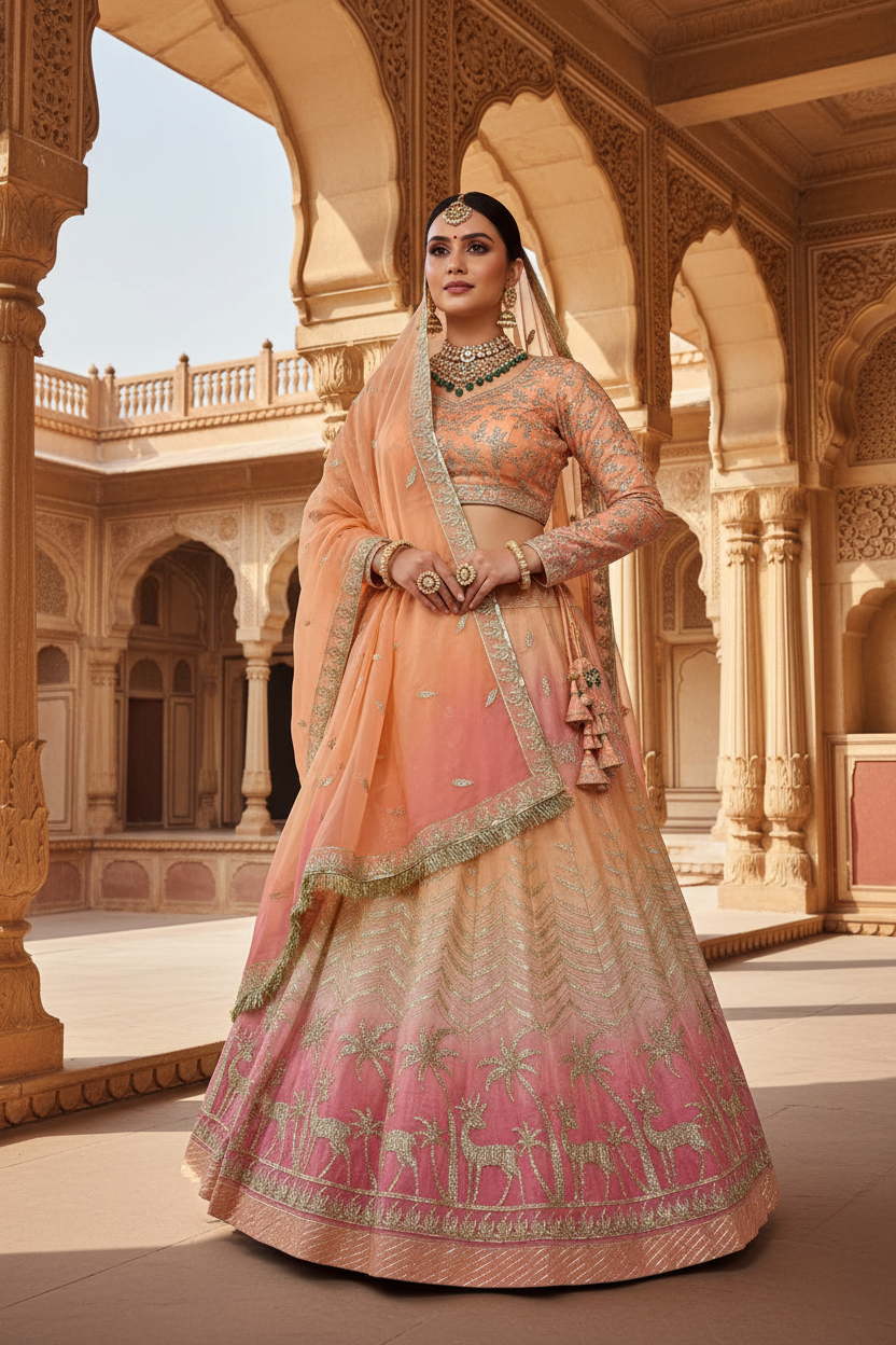 Elegant Designer  5Mtr Ghera Heavy SEEKIYA GOTTA work with SAROSAKI STONE work Lehenga- Poshak