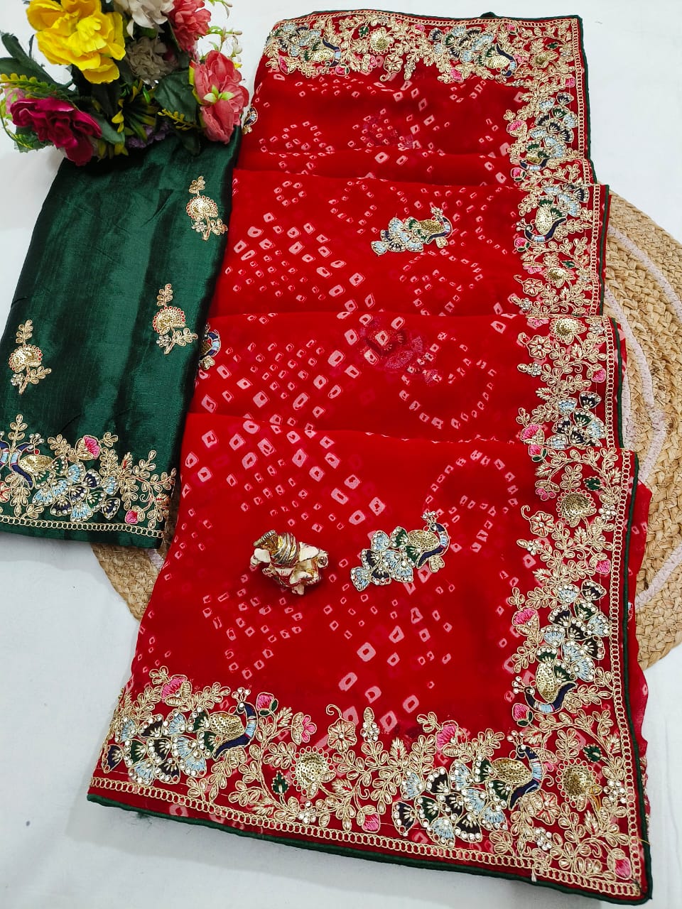 Traditional Handwork Chunri Pilla – Bandhani Georgette Saree with Heavy Embroidery Border