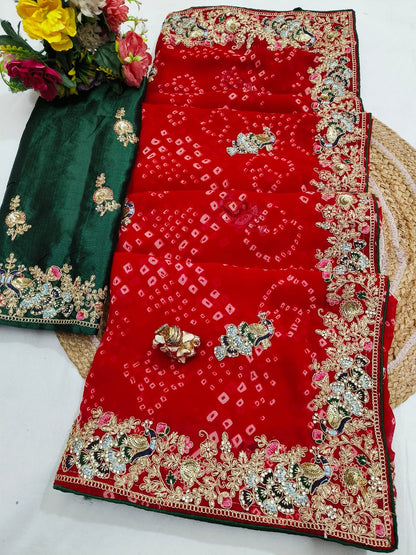 Traditional Handwork Chunri Pilla – Bandhani Georgette Saree with Heavy Embroidery Border