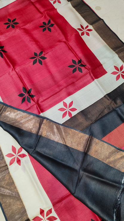 Handprinted Tussar Silk Saree – Silk Mark Certified with Running Blouse