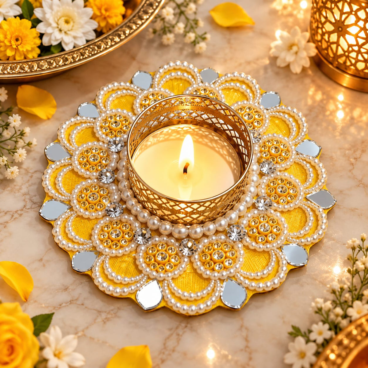 Pearl Stone Mirror detailing beautiful Tealight