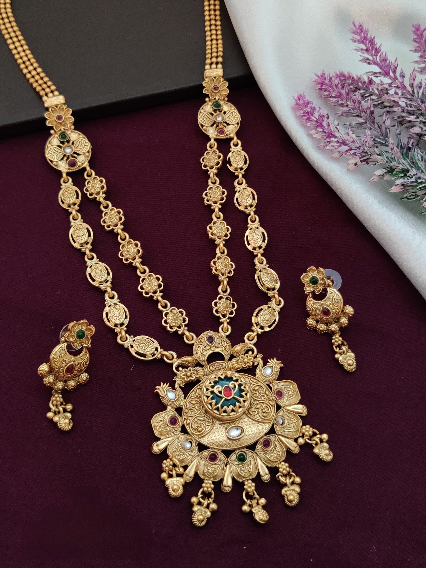 Heritage Matte Antique Rani Haar Necklace | Long Traditional Bridal Jewelry