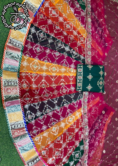 Designer Multicolour Rajwadi Lehenga Poshak – 4 MTR Gher with Pure Odhni & Heavy Border Work