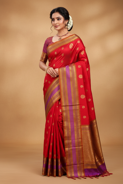 Red Kanchipuram Pure Silk Saree with Purple & Golden Border – Silk Mark Certified