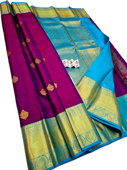 Beautiful colour purple Royal Blue Kanjivaram pure silk saree silk mark certified