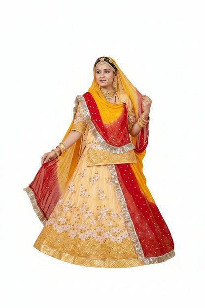 Elegant Rajasthani Poshak Partywear | Royal Net Lehenga with Odhani & Gota Work
